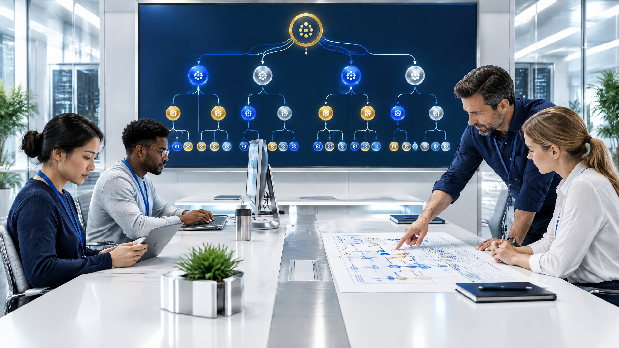 Team working with a hierarchical AI agent system